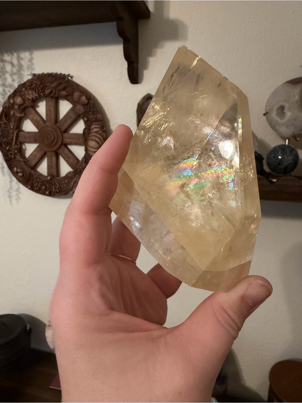 Large Yellow Optical / Honey Calcite Rainbow Freeform – 571g